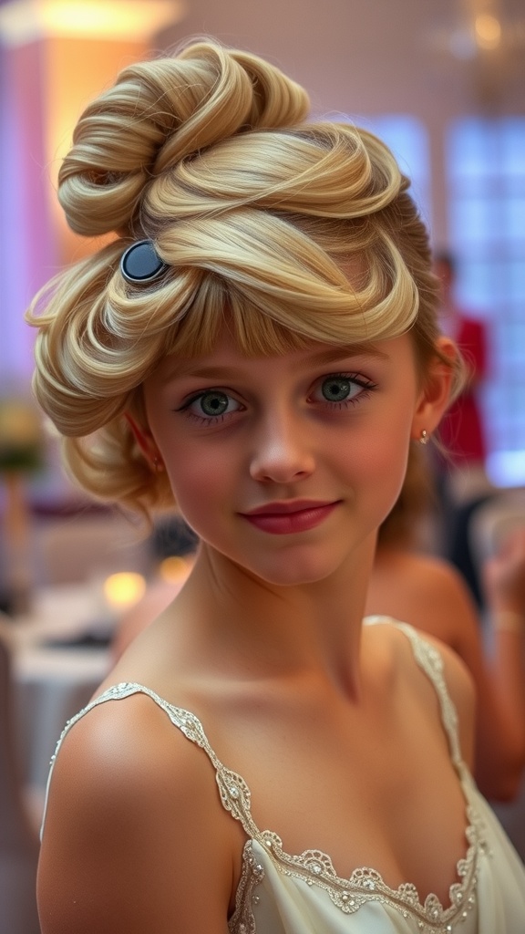 A girl with a curled updo and soft fringe, looking elegantly styled for an event.