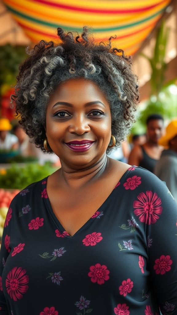 A cheerful woman with a curly afro hairstyle, wearing a floral patterned top, smiling in a vibrant market setting.