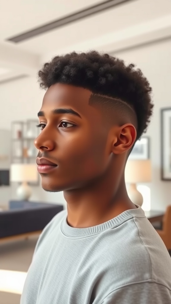 Young man with curly afro hairstyle and fade, showcasing a stylish short hair look
