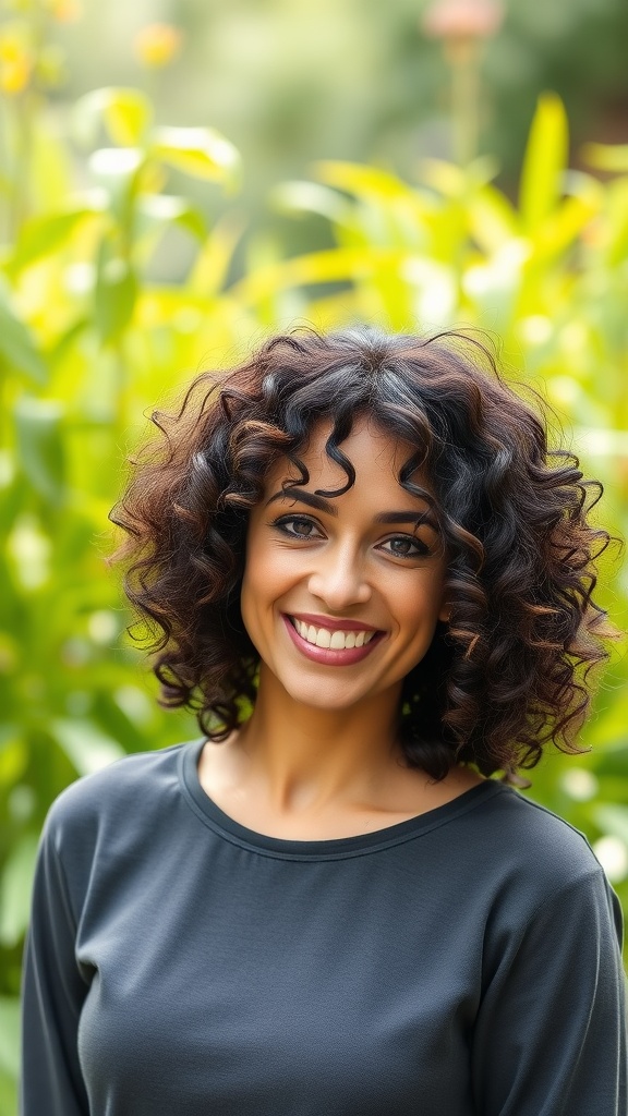 A woman with curly hair styled in an asymmetrical bob, smiling in front of green foliage.