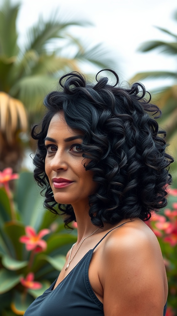 A woman with a curly asymmetrical bob haircut, showcasing voluminous curls against a floral background.