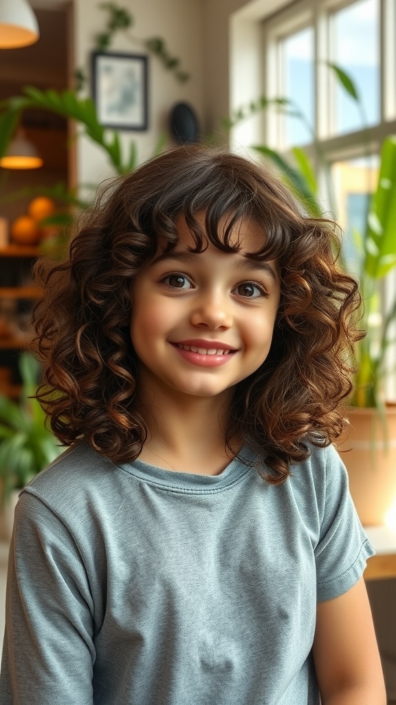 A girl with medium-length curly hair and bangs, smiling in a bright indoor setting.