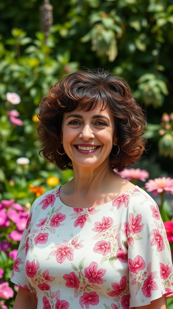 A woman with a curly bob and curved bangs smiling in front of colorful flowers.
