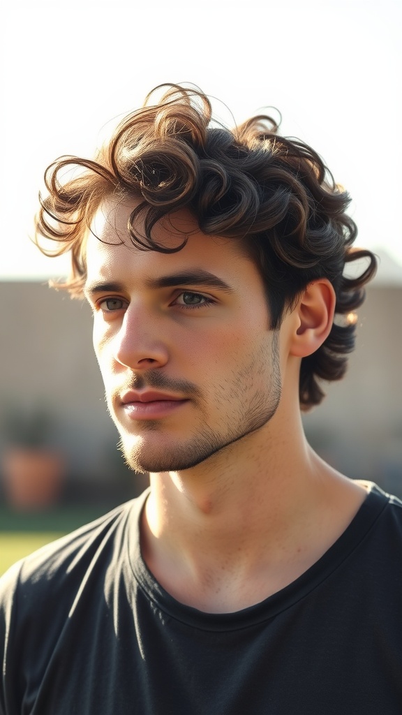 A young man with curly hair styled in a casual bro flow, looking confident outdoors.