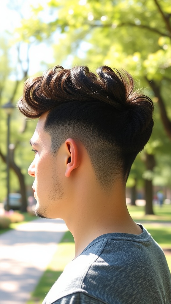 A young man with curly brushed up hairstyle and faded sides, outdoors in a park.