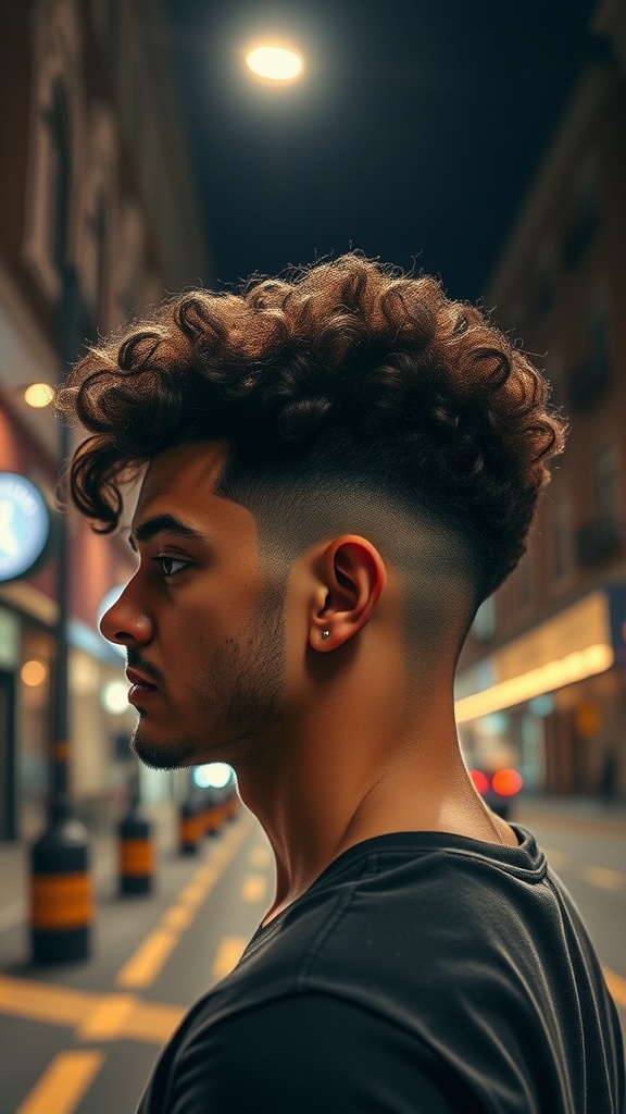 A man with a curly burst fade hairstyle, showcasing voluminous curls on top and a clean fade on the sides, set against a city street at night.