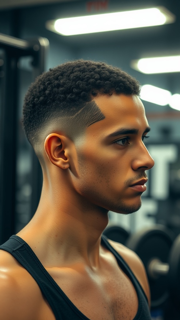A young man with a stylish curly buzz cut, featuring short curls on top and faded sides, standing in a gym setting.