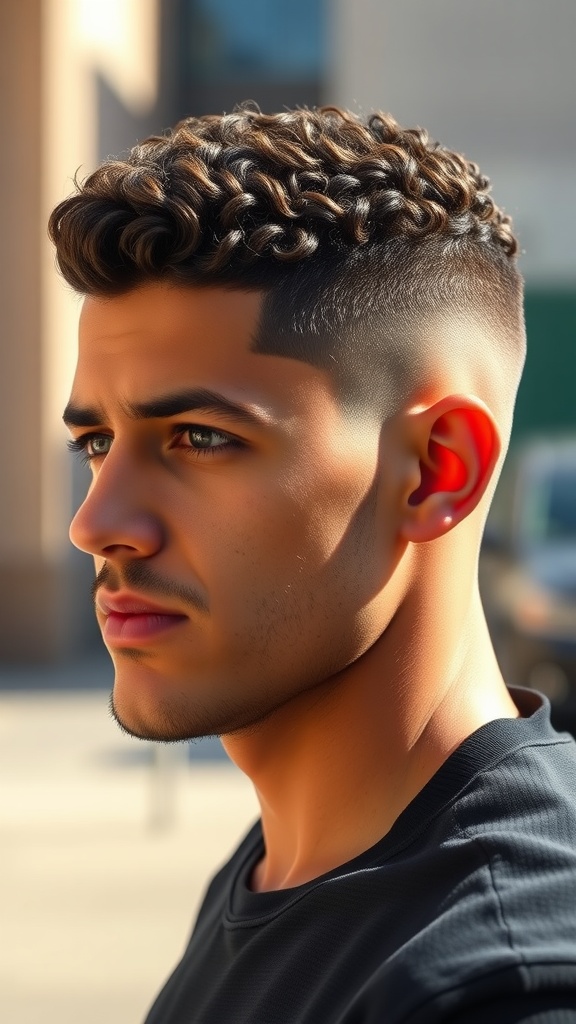A man with a curly buzzed fade hairstyle, showcasing short curls on top and faded sides.