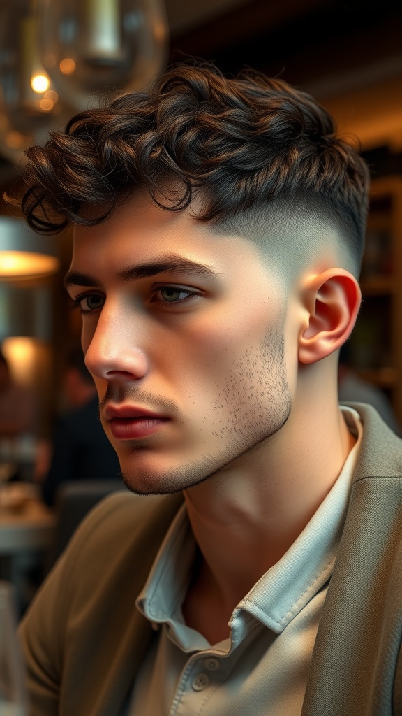 Man with curly Caesar haircut and faded sides