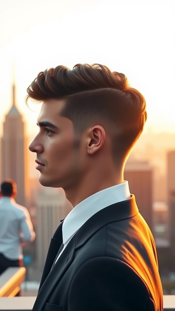 Profile view of a man with a curly comb over hairstyle, wearing a suit against a city backdrop
