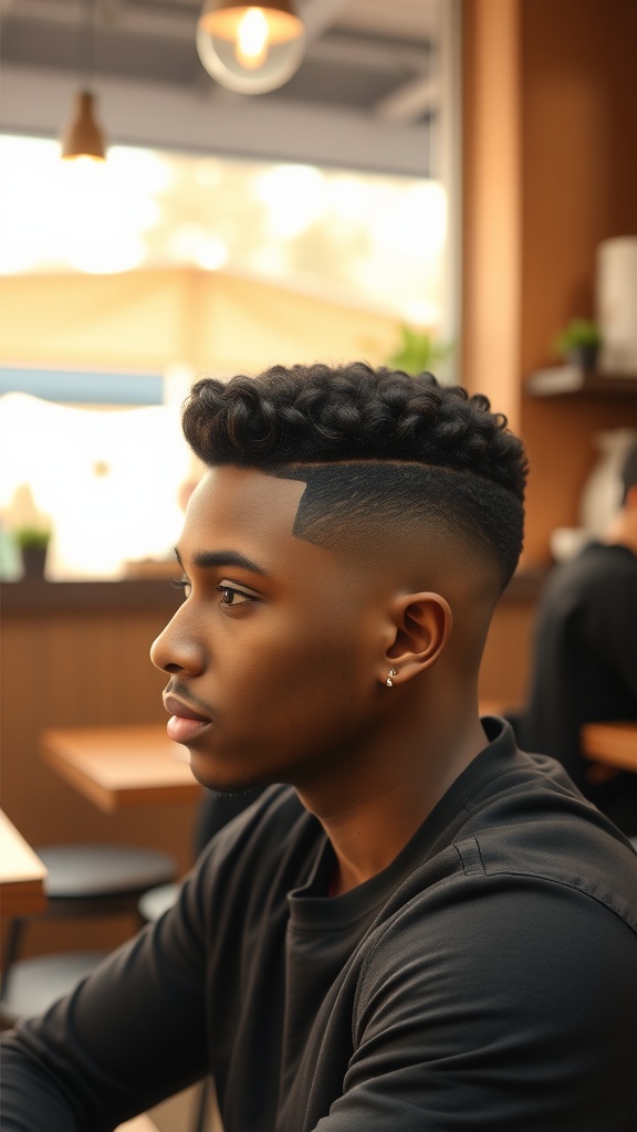 A young man with a curly comb over fade hairstyle sitting in a cafe.