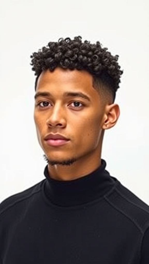 A young man with a curly crew cut hairstyle, featuring short sides and defined curls on top.