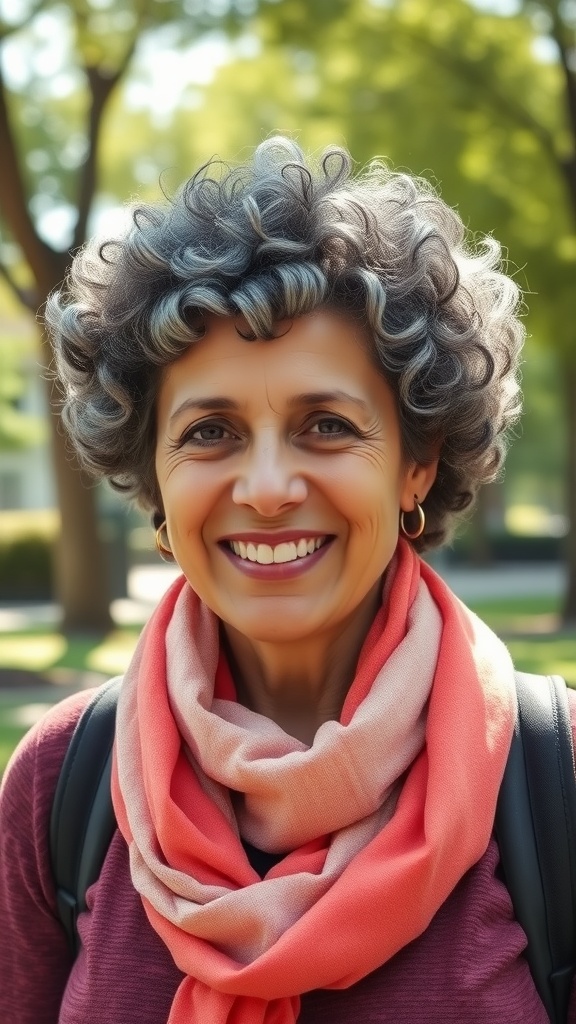 A smiling woman with a curly crop hairstyle, wearing a coral scarf, in a park setting.