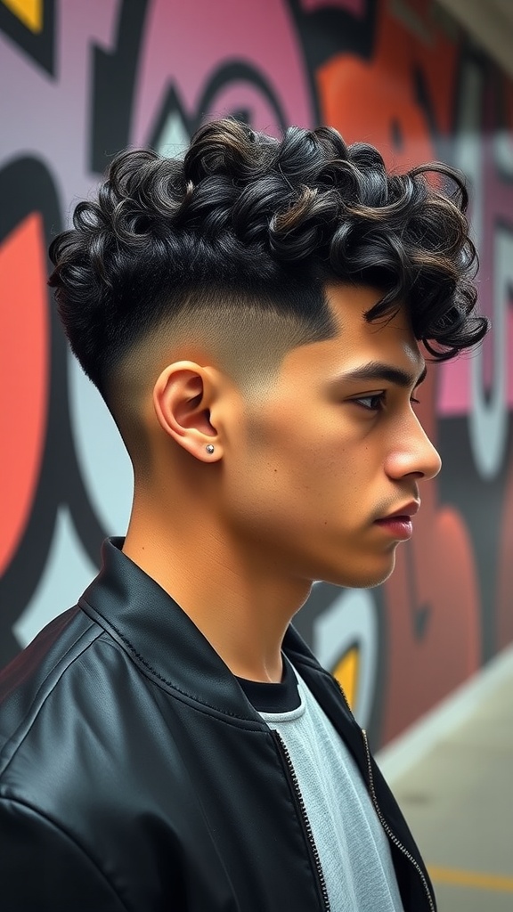 Young man with curly hair styled in a drop fade haircut, standing against a colorful graffiti background.