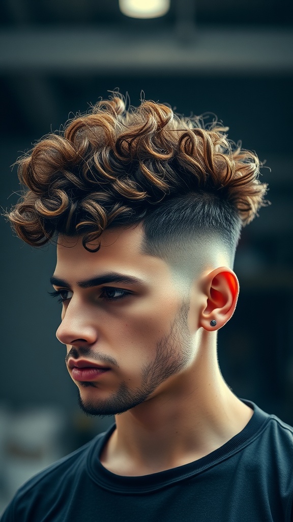 A young man with curly hair styled in a faux hawk, featuring a fade on the sides.