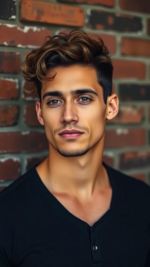 A young man with a curly French crop hairstyle, showing off voluminous curls on top and shorter sides, set against a brick wall.