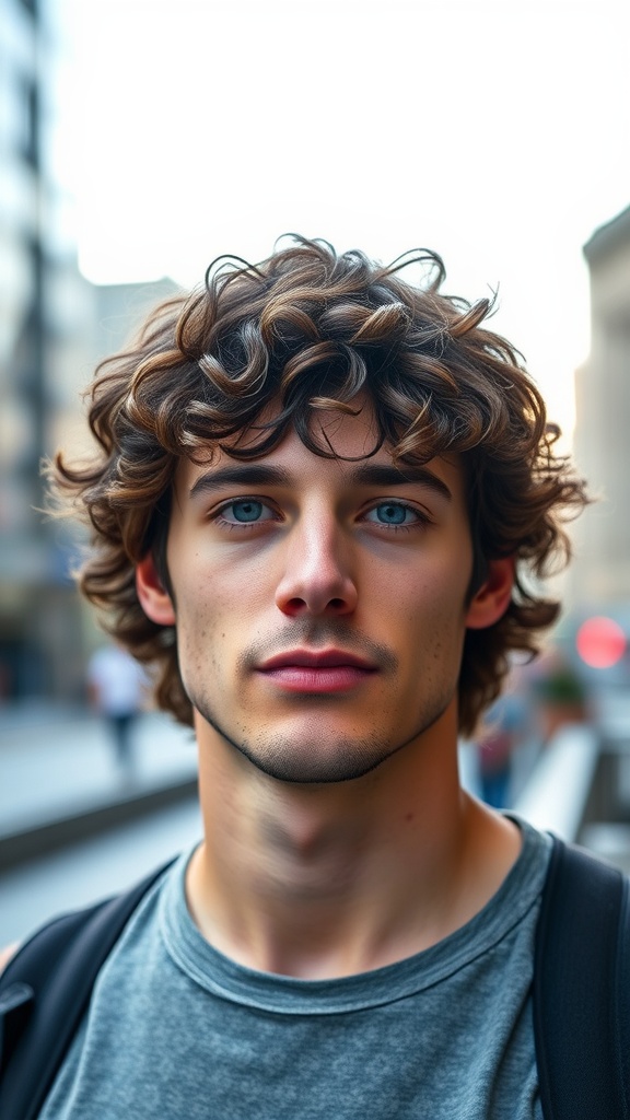 A young man with curly hair styled in a fringe with faded sides, looking confidently at the camera.