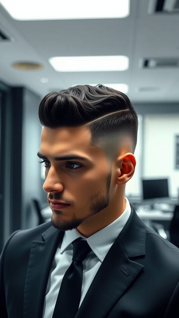 A man with a curly high and tight hairstyle, dressed in a suit, showcasing defined curls on top and short sides.