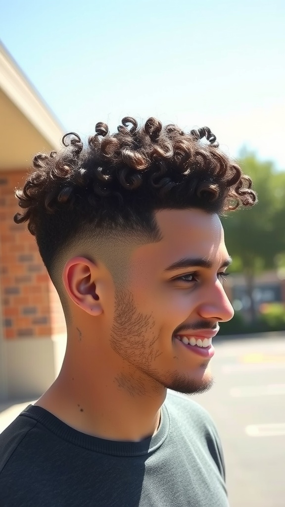 A man with curly hair styled in a high fade haircut, smiling outdoors.