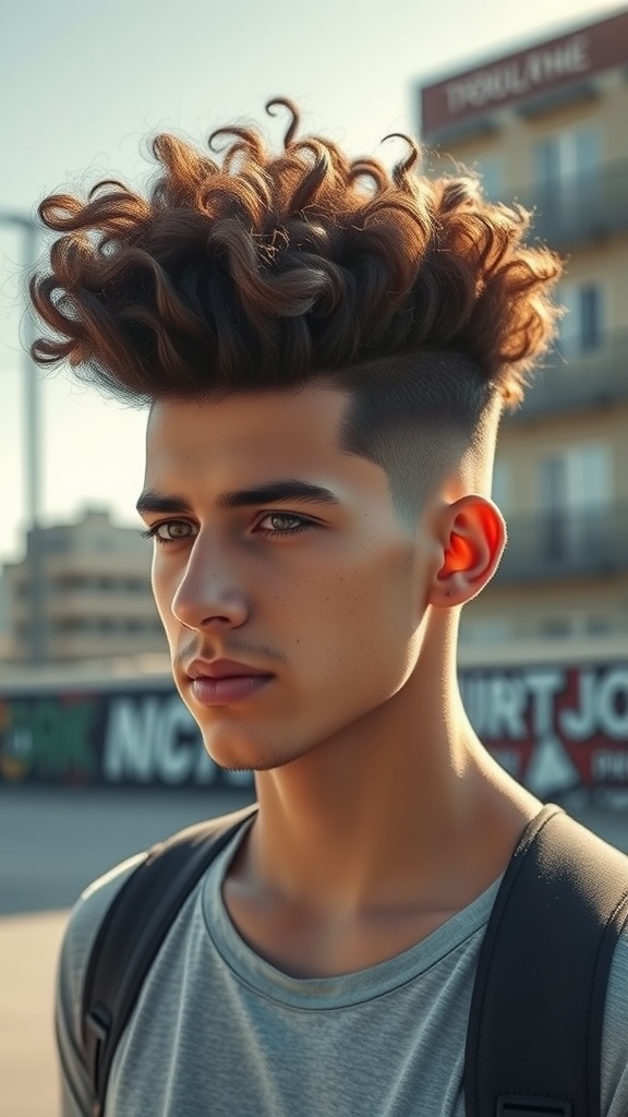 A young man with a curly high top hairstyle and a faded side, looking stylish outdoors.