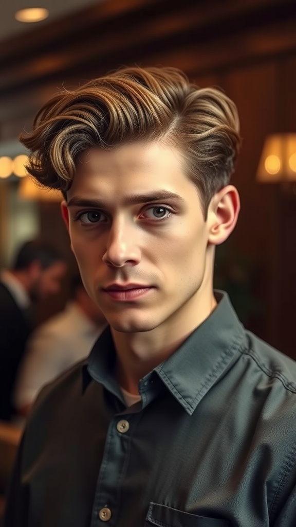 A young man with curly hair styled in an Ivy League haircut, wearing a collared shirt.