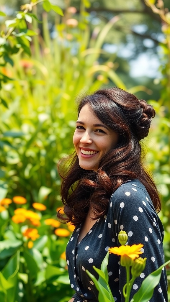 A woman with medium length curly hair styled in layers and a side part, smiling in a garden with flowers.