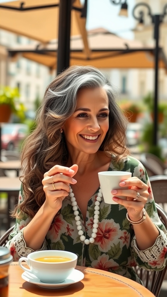 A woman with curly lob hairstyle, smiling while holding a cup of coffee at a café