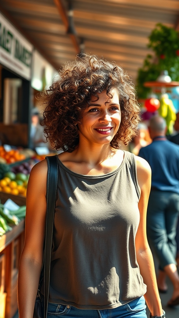 A woman with a curly lob hairstyle, showcasing defined ringlets, smiling in a market