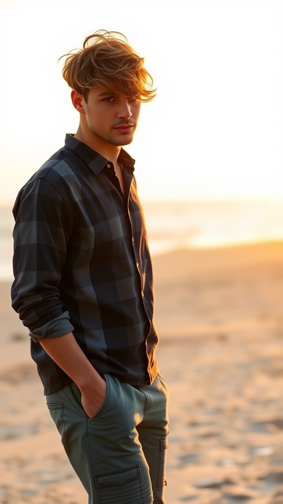 A young man with curly loose waves and a side fade haircut standing on a beach during sunset.