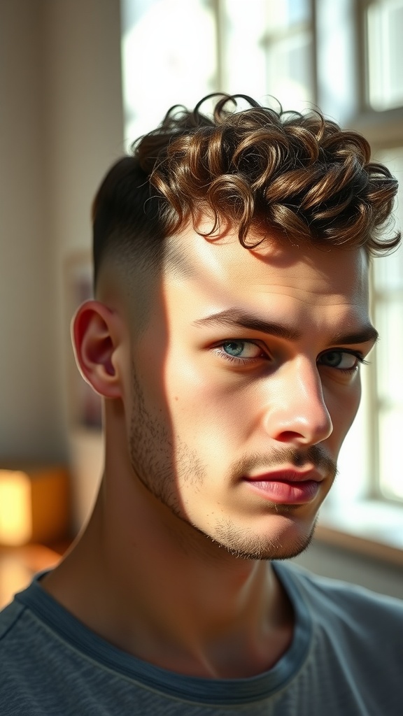 Young man with a curly low fade hairstyle, featuring defined curls on top and a clean fade on the sides.