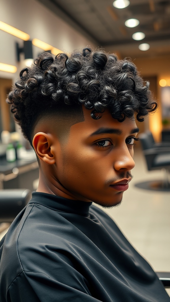 A young man with curly hair styled in a low tapered fade haircut.