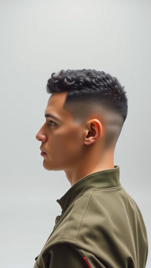 A young man with a curly military cut hairstyle, showcasing defined curls on top and a faded side.