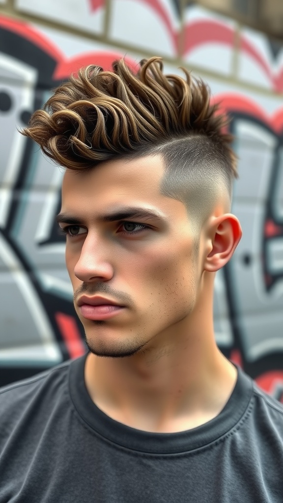 A man with a curly mohawk fade hairstyle, showcasing voluminous curls on top and faded sides.
