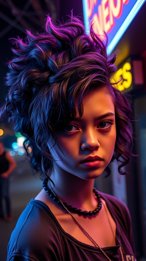 A teenager with a curly mohawk hairstyle featuring shaggy bangs, showcasing vibrant curls and an edgy look.