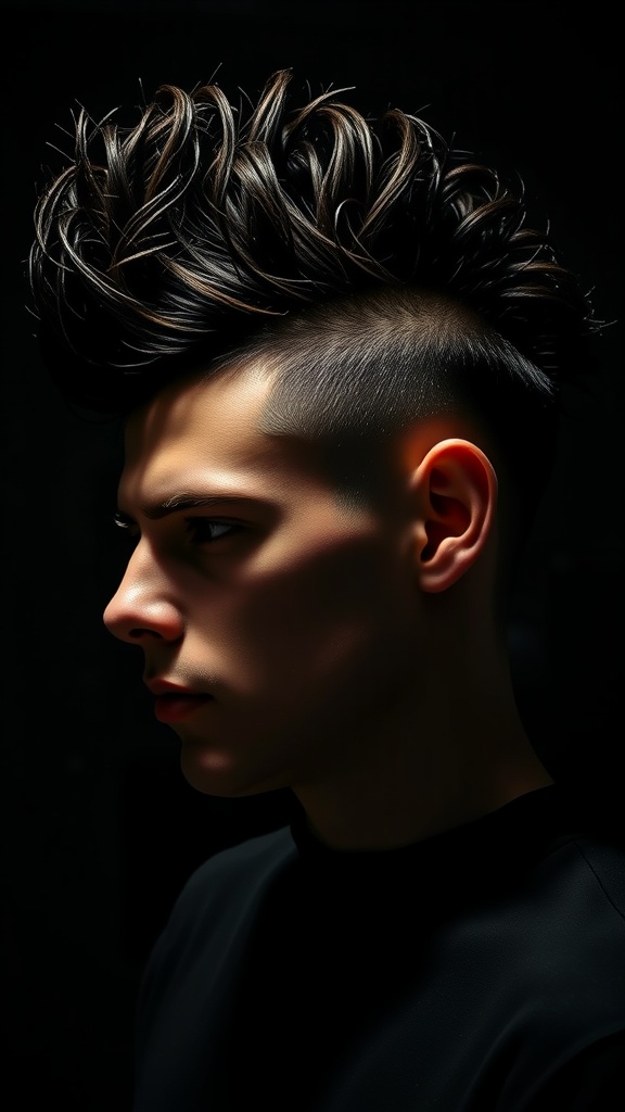 A young man sporting a curly mohawk hairstyle with a skin fade, showcasing defined curls on top and a clean fade on the sides.