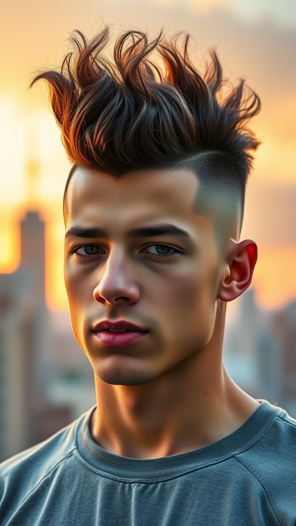 A young man with a curly mohawk hairstyle and tapered sides, showcasing a bold and stylish look against a sunset background.