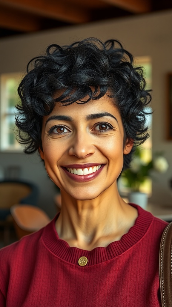 Woman with curly pixie haircut and bangs, smiling warmly