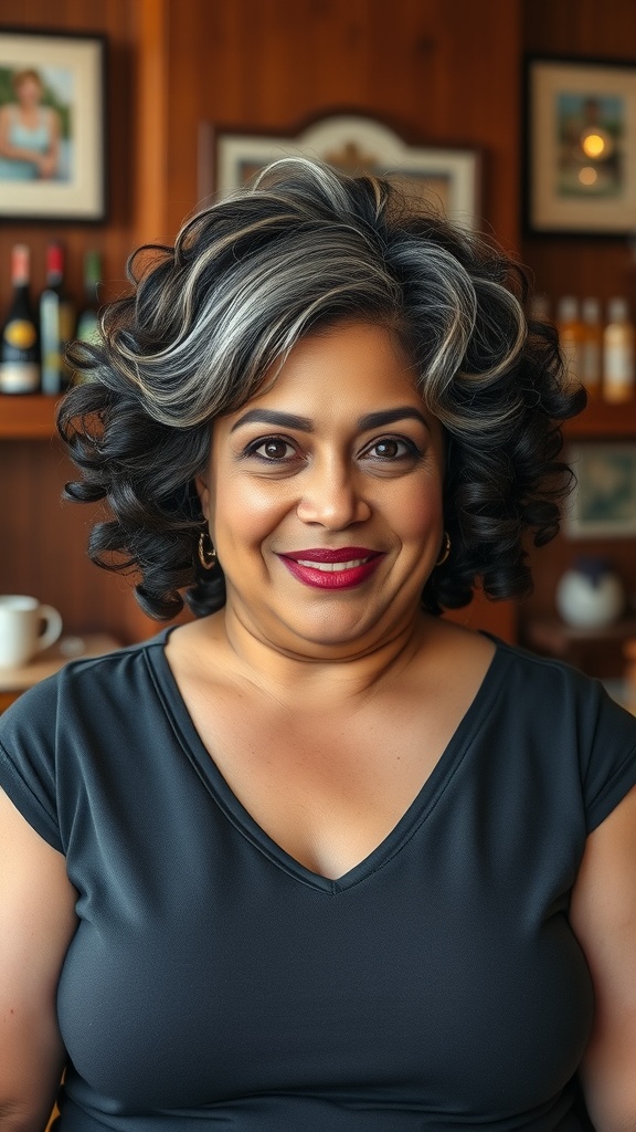 A woman with curly hair styled in a pixie cut with side bangs, smiling warmly.
