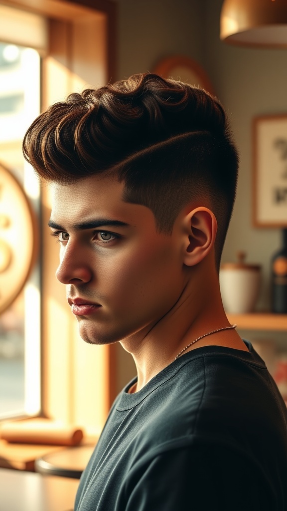 A young man with a curly pompadour hairstyle, featuring voluminous curls on top and tapered sides, posing indoors.