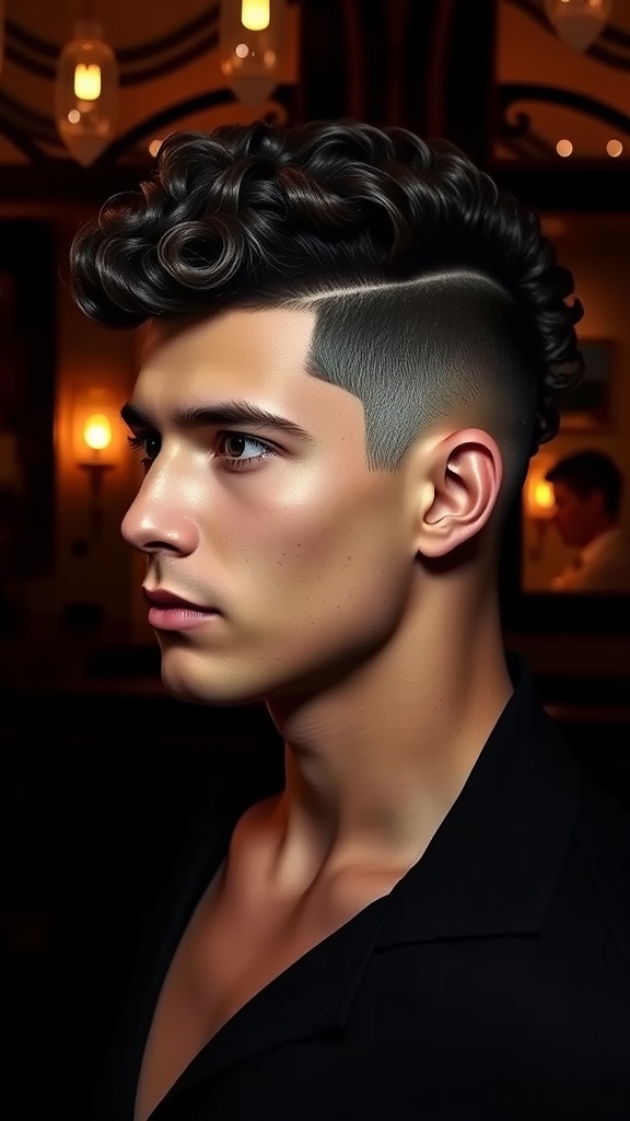 A young man with a curly pompadour fade hairstyle, showcasing defined curls on top and a clean fade on the sides.