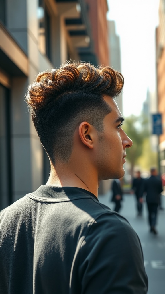 A young man with a curly quiff hairstyle and high fade, walking in a city setting