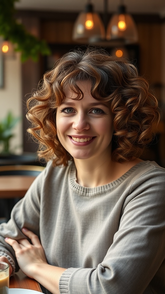 Woman with curly shag hairstyle and bangs, smiling at a cafe