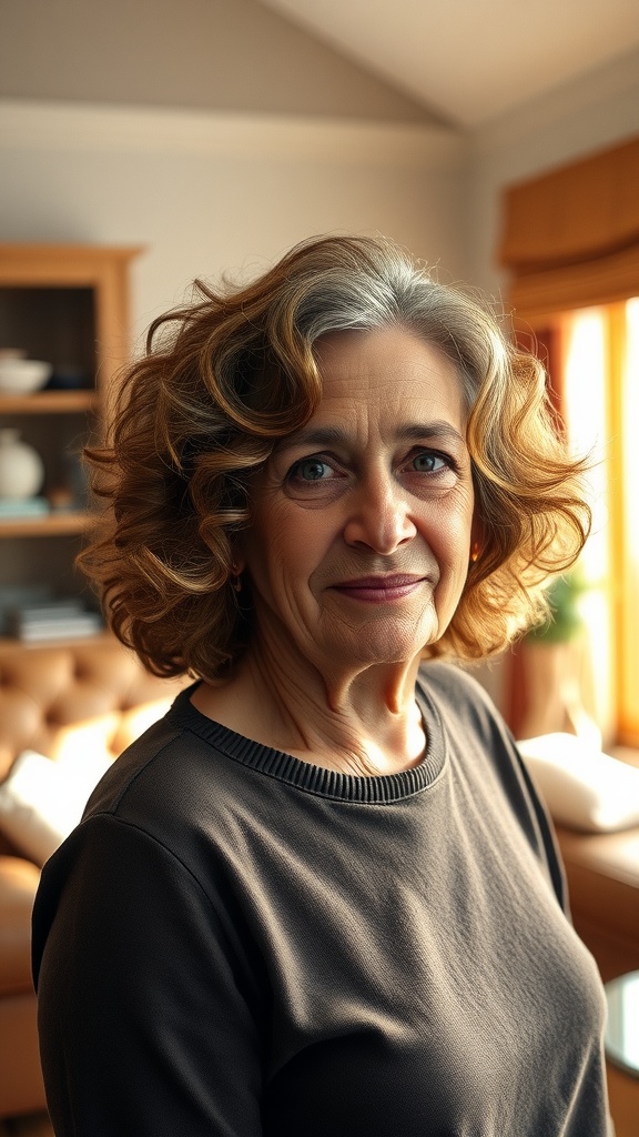 A woman over 60 with curly shag hairstyle and highlights, smiling softly.
