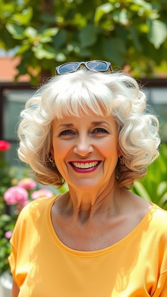 A smiling older woman with curly shag hairstyle and layered bangs, wearing a yellow top in a garden setting.