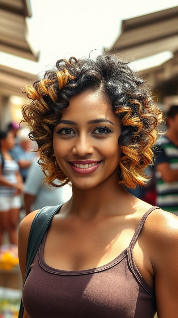 A smiling woman with a curly shag hairstyle featuring ombre layers, showcasing a lively and stylish look.