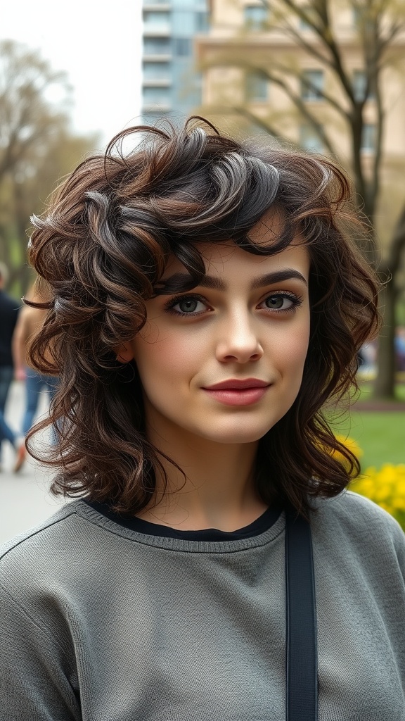 A young woman with curly shag haircut smiling outdoors.