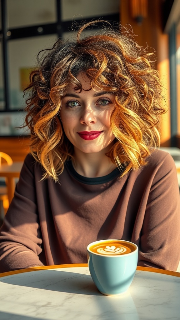 A woman with a curly shaggy bob hairstyle, smiling while holding a coffee cup.