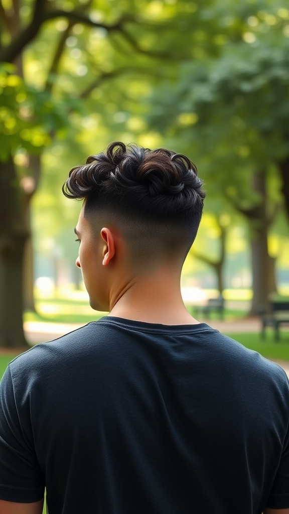 A young man with curly hair on top and short faded sides, viewed from behind, in a park setting.