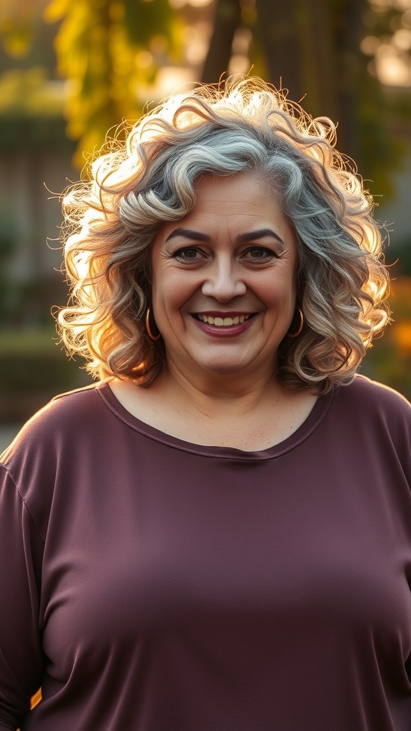 A plus-size woman with curly shoulder-length layers, smiling warmly outdoors in sunlight.