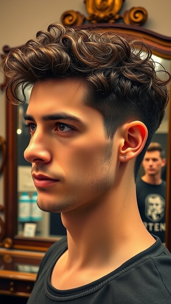 A man with short, curly hair styled in a side part